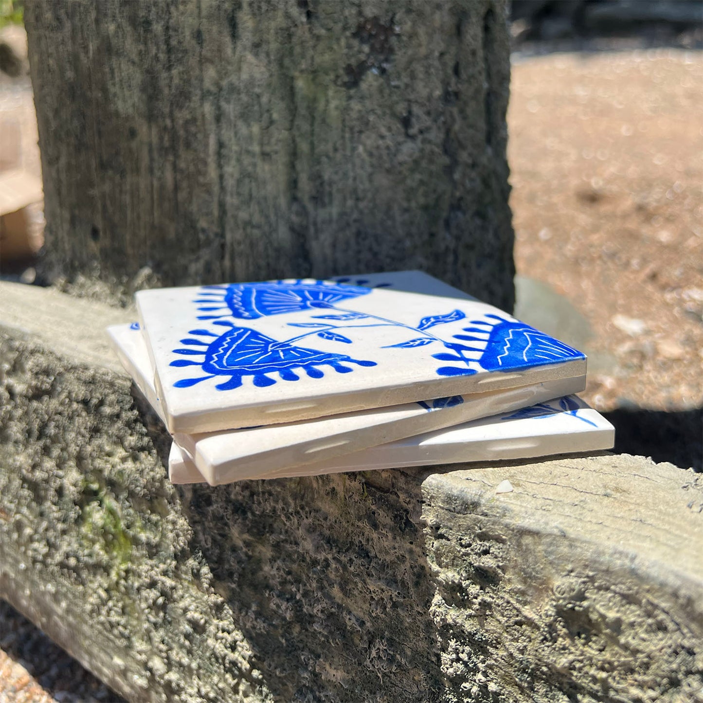 Blue Sgraffito Coaster Set